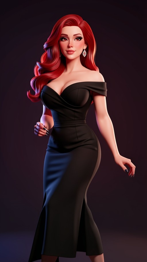 A digital illustration of a woman with long wavy red hair wearing a fitted black off-the-shoulder dress and dangling earrings against a dark background.