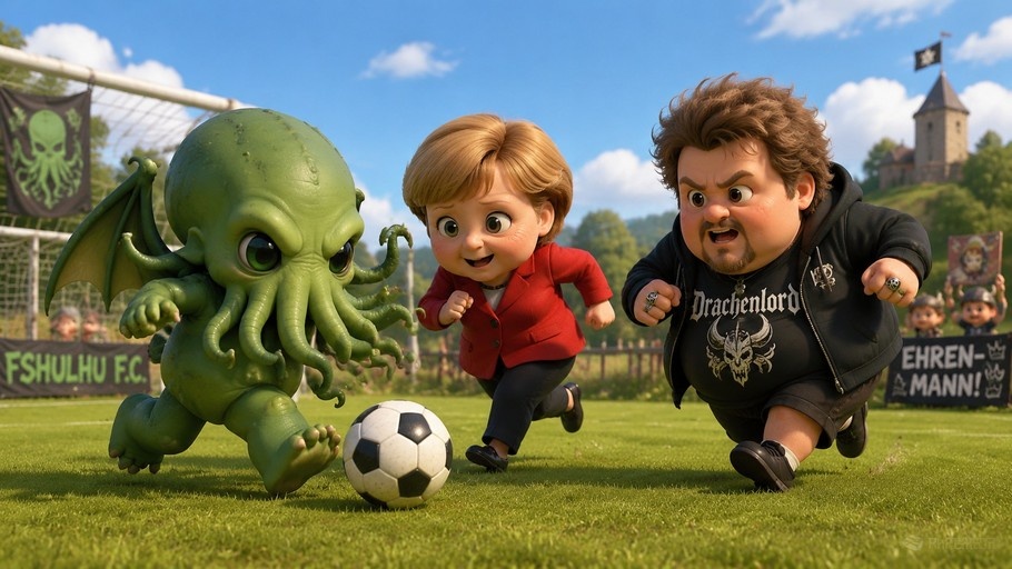 A green Cthulhu-like creature with wings runs on a soccer field alongside a stylized Angela Merkel and Drachenlord chasing a ball.