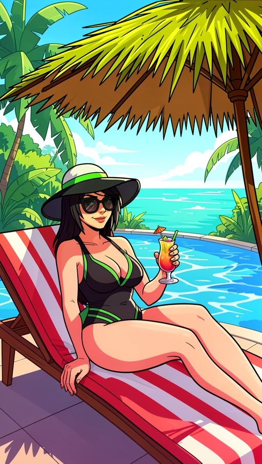 Pixel art woman in black swimsuit relaxing by pool with cocktail
