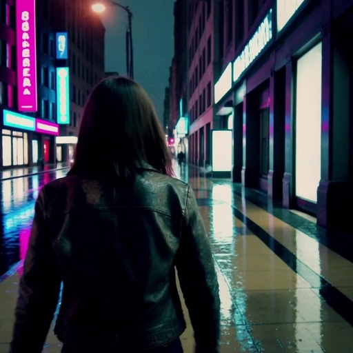 A woman in a black leather jacket walks away from the viewer down a rain-slicked city street illuminated by pink and blue neon signs at night.