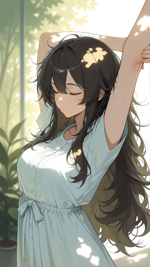 An anime-style illustration of a young woman with long dark hair stretching her arms above her head while wearing a light blue button-down dress in bright sunlight.