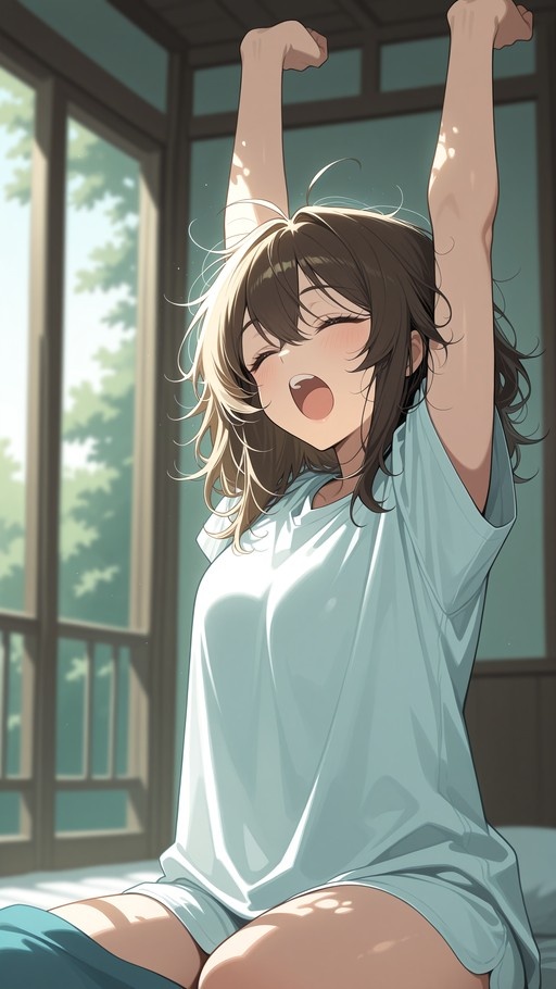 Anime-style young woman with brown hair yawning widely while stretching her arms upward, wearing an oversized pale blue shirt near a sunlit window.