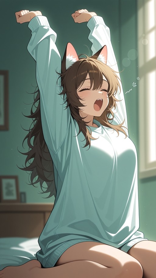 A brown-haired anime cat girl with fluffy ears sits on a bed in an oversized blue sweater, stretching her arms above her head and yawning widely as sunlight streams through a nearby window.