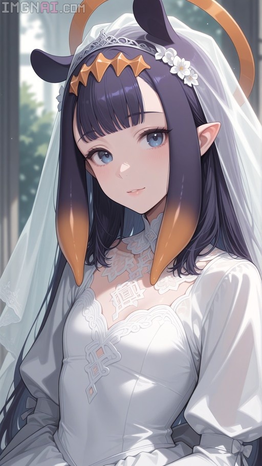Ninomae Ina'nis wearing a white wedding dress and veil with her signature tentacle hair and halo.