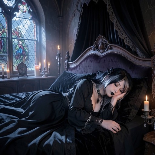 A gothic woman with streaked hair sleeps on a bed near a stained-glass window and lit candles.