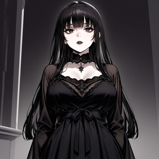 Gothic anime girl with long black hair and mismatched eyes wearing a black lace dress.