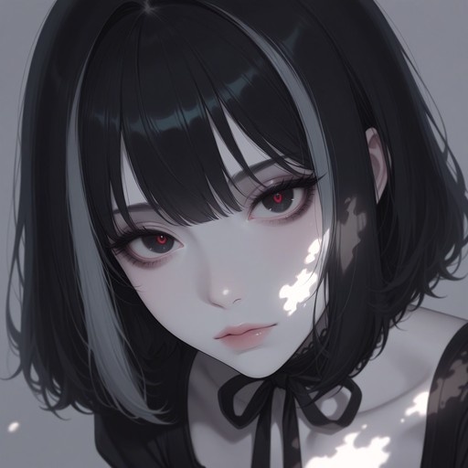 Close-up portrait of an anime girl with short black hair, red pupils, and a black ribbon choker under dappled sunlight