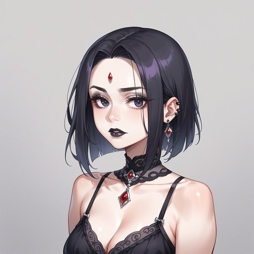 A portrait of Raven from DC Comics with short black hair, a red gem on her forehead, and wearing a black lace outfit.