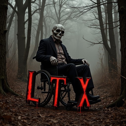 A skeletal figure in a black suit sits in a wheelchair in a foggy forest with large glowing red LTX letters in front of him.
