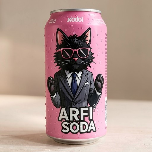 A pink soda can labeled ARFI SODA featuring an illustration of a black cat in a business suit and pink sunglasses.
