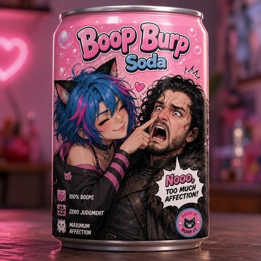 A pink soda can featuring a cat-eared Jinx poking the nose of Jon Snow, labeled "Boop Burp Soda."