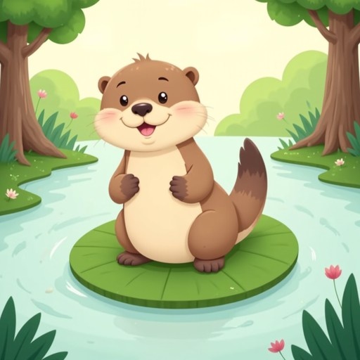 A cute cartoon otter sitting on a lily pad in a pond with trees and flowers.