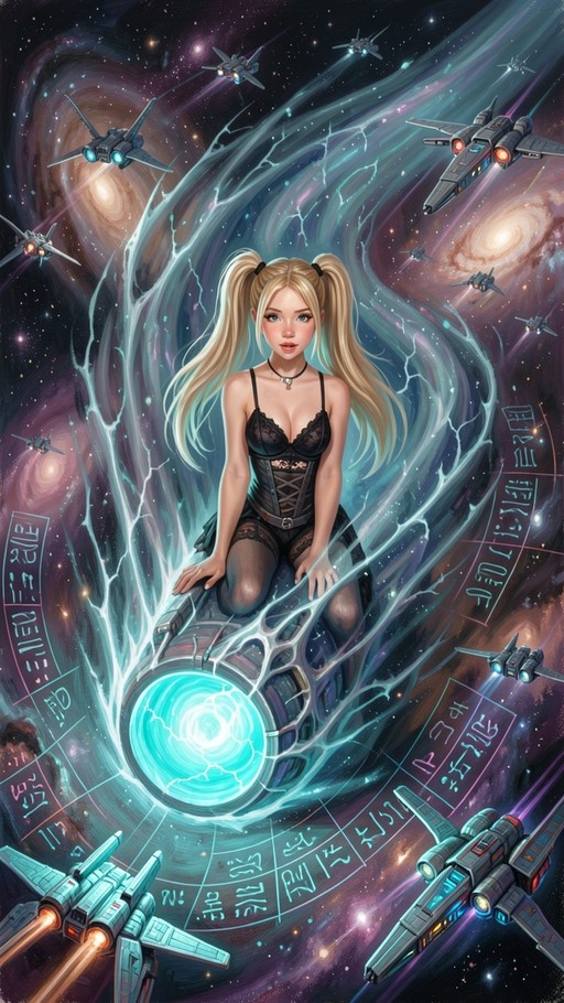 Blonde anime girl with twintails kneeling on a futuristic spaceship cannon amidst swirling blue energy, colorful nebulae, and flying fighter jets.