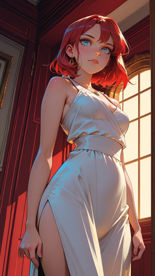A digital illustration of a young woman with short red hair and blue eyes wearing a white sleeveless dress with a high slit, standing indoors near a window.