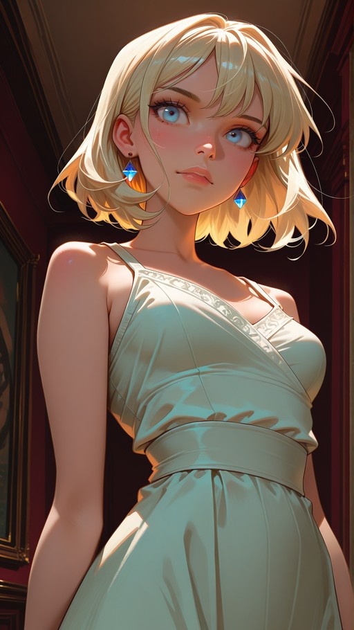 A digital illustration of a young woman with short blonde hair and blue eyes wearing a white sleeveless dress and blue diamond earrings.
