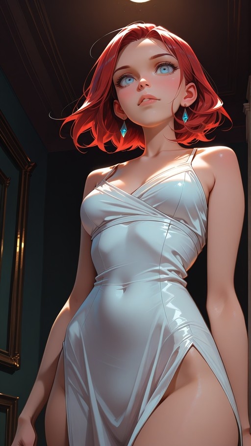 A low-angle view of a red-haired woman with blue eyes wearing a tight white dress and gem earrings.
