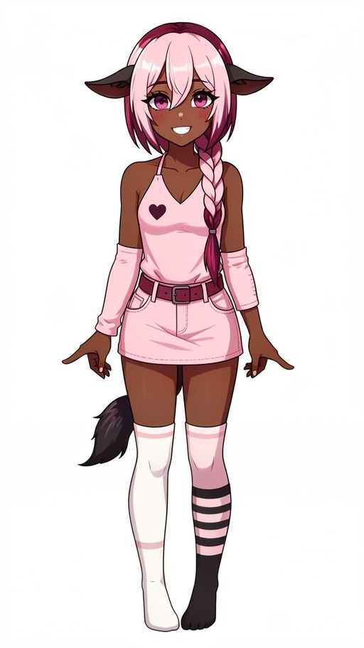 A smiling anime girl with dark skin and pink braided hair stands in a full-body pose wearing a pink top, denim skirt, and mismatched thigh-high socks against a white background.