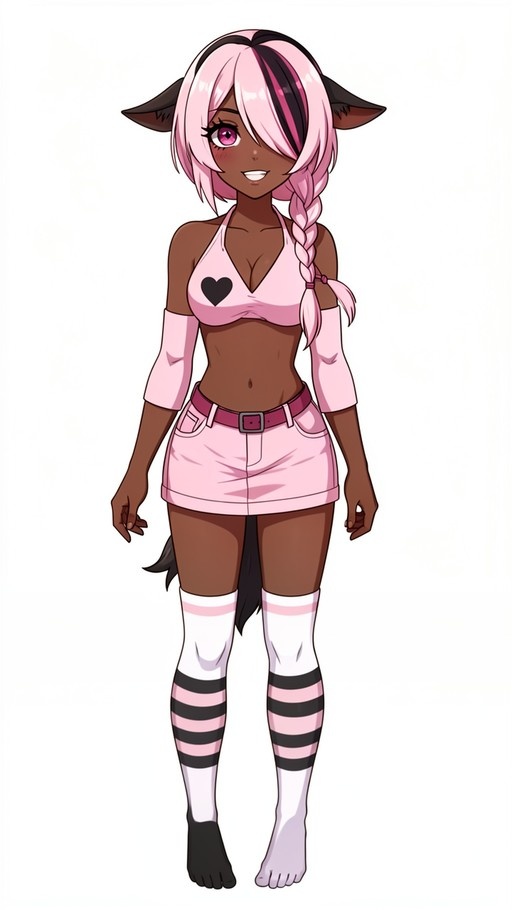 A full-body digital illustration of a dark-skinned anime girl with pink and black hair in a side braid, wearing animal ears, a pink heart-themed crop top, a pink skirt, and striped thigh-high socks.