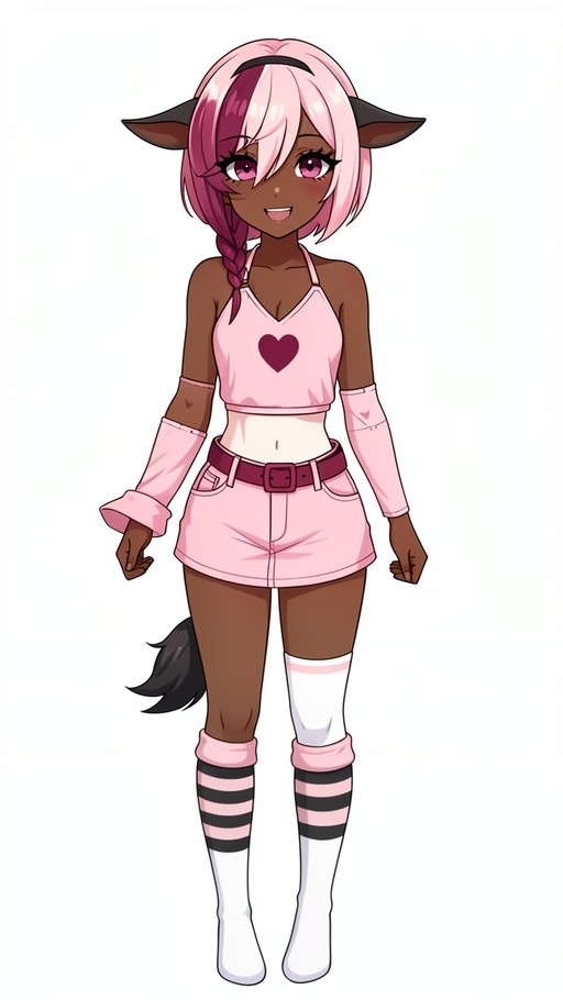 A full-body illustration of a tan-skinned anime girl with pink hair and a braid, wearing horse ears and a tail, dressed in a pink heart crop top and matching skirt with mismatched legwear.