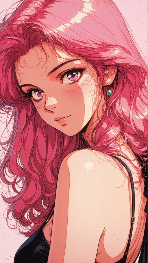 Close-up portrait of an anime girl with long wavy pink hair and pink eyes wearing a black camisole and green earrings, looking back over her shoulder.