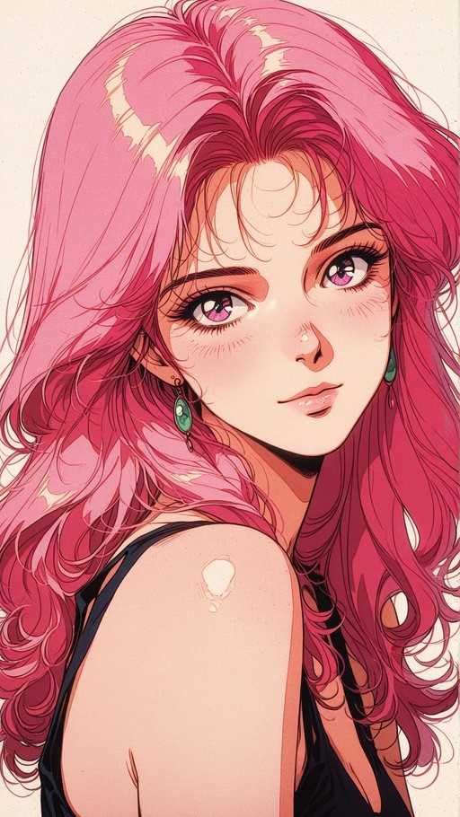 Close-up portrait of an anime girl with long pink hair, purple eyes, and green earrings wearing a black tank top.