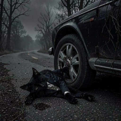 A black cat wearing a business suit lies on the ground next to a car tire on a misty road.