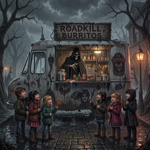 The Grim Reaper stands inside a rusty food truck labeled "Roadkill Burritos," serving a group of surprised children on a rainy cobblestone street lined with bare trees.