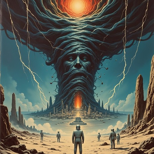 A group of astronauts stands on a sandy surface looking up at a gigantic, dark face with glowing eyes and a sun-like crown looming over a distant city while lightning strikes down.