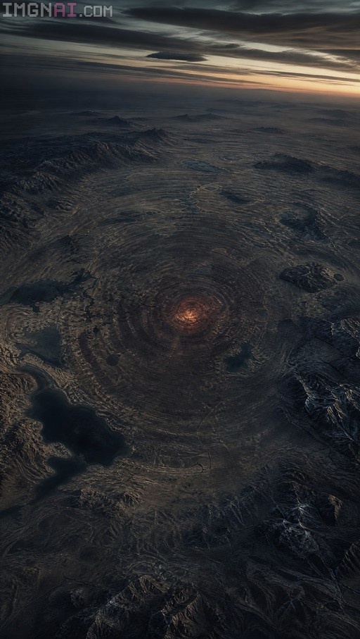 Aerial perspective of a massive landscape with concentric circular patterns and a glowing orange center under a cloudy twilight sky.
