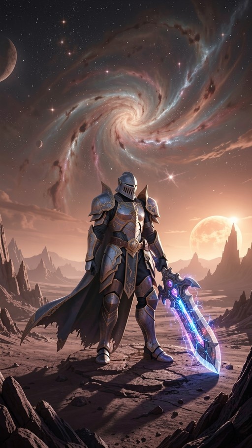 An armored knight stands on a rocky alien surface holding a large glowing blue sword, with a swirling galaxy and planets visible in the sky.