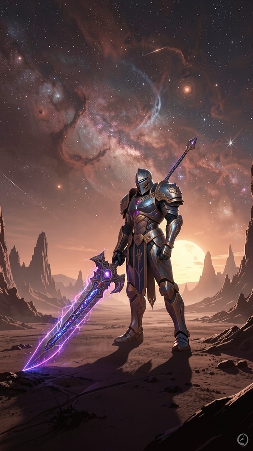 A full-body view of an armored knight holding a glowing purple sword on a rocky alien planet under a starry nebula sky.