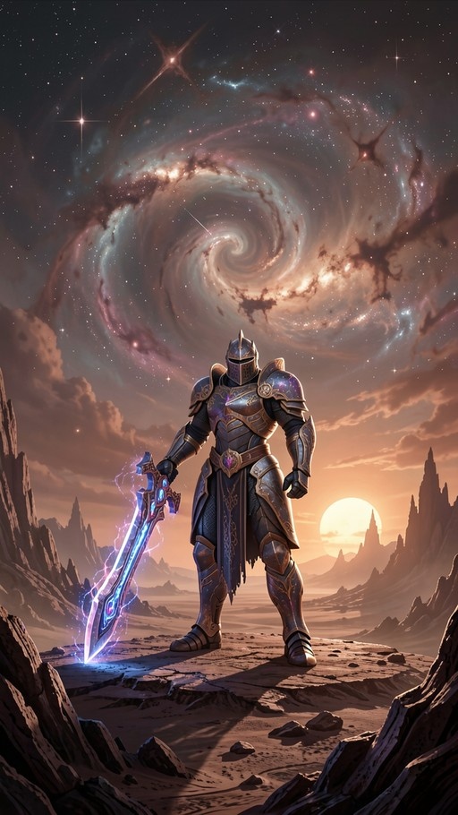 A full-body shot of a knight in dark metallic armor with gold trim standing on a rocky cliff, holding a large glowing blue sword upright. Behind the knight is a vast alien landscape with jagged mountains and a massive spiral galaxy dominating the starry sky.