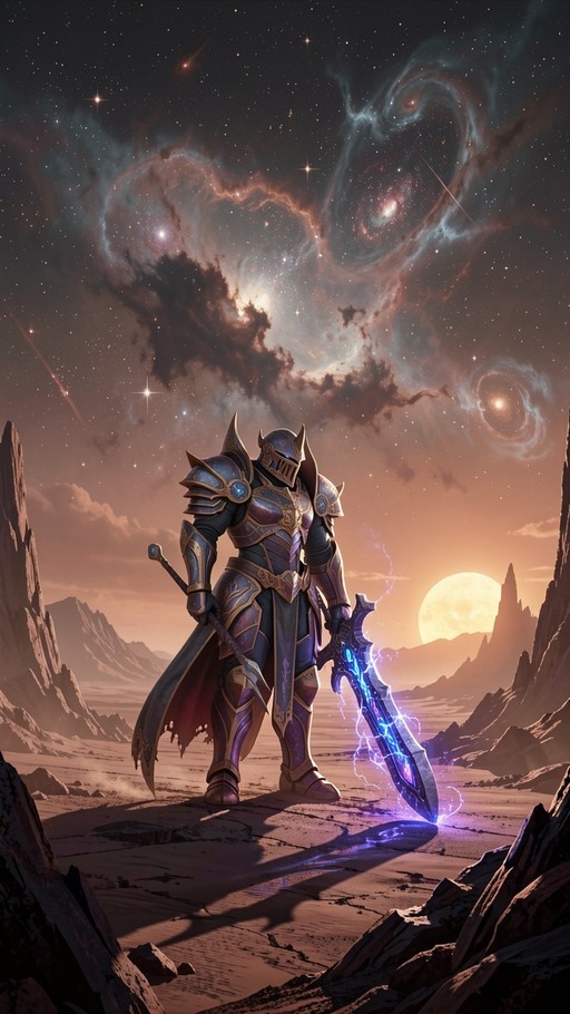 A full-body shot of a knight in blue and gold armor holding a large, electric-blue sword on a rocky surface with a galaxy-filled sky behind him.
