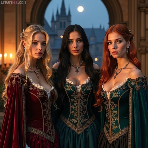Three women in medieval red and green velvet dresses standing on a balcony with a moonlit city view.