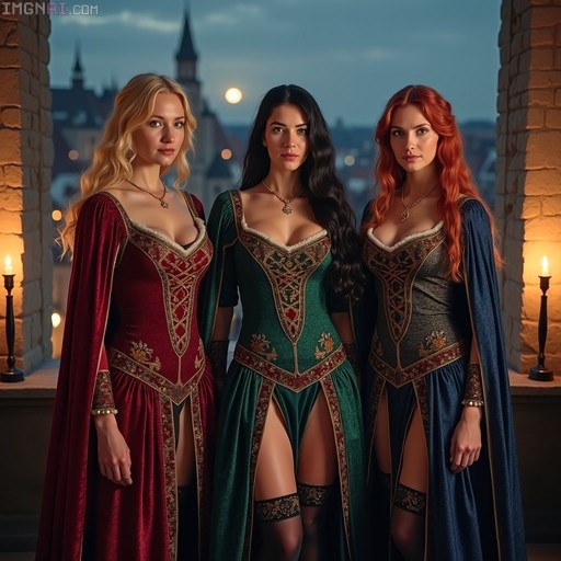 Three women with blonde, black, and red hair wearing elaborate red, green, and blue velvet dresses standing on a balcony at night.