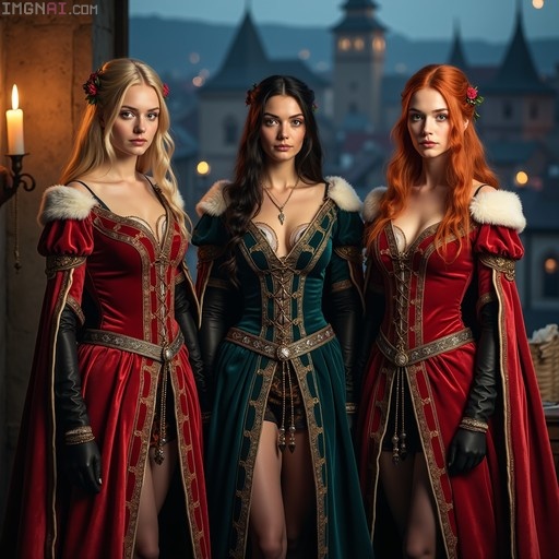 Three young women in elaborate medieval dresses standing on a balcony at night.