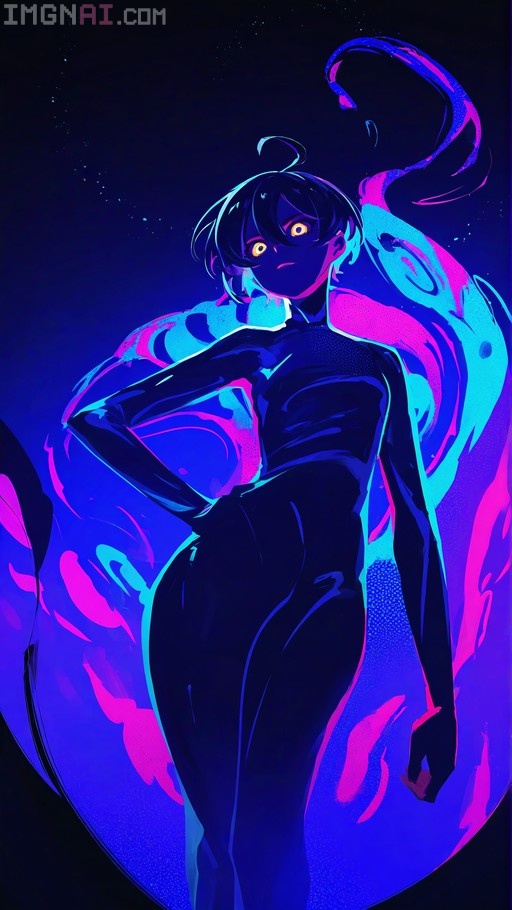 Lilith Aensland stands in a black bodysuit with glowing yellow eyes against a swirling neon blue and pink inverted background.