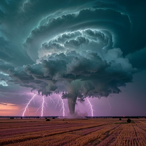 A dramatic supercell storm with a visible tornado funnel and multiple lightning strikes over a flat rural field.