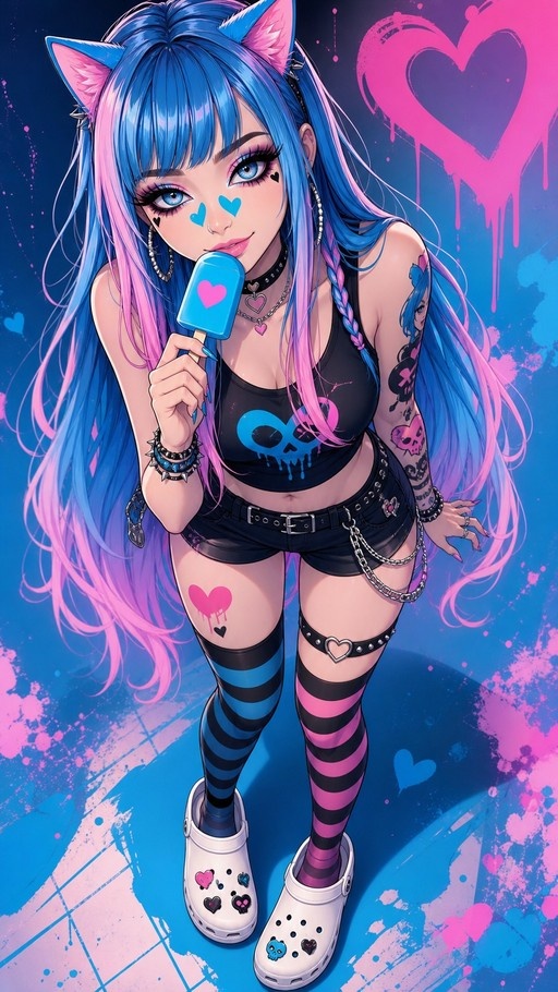 Full-body anime illustration of a catgirl with blue and pink hair wearing a skull crop top, mismatched striped thigh-highs, and holding a blue popsicle.