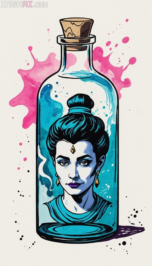 A digital illustration of a woman with dark hair in a bun and gold earrings inside a glass bottle filled with blue liquid, surrounded by pink paint splatters.