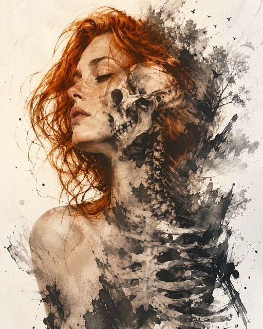 A digital painting of a woman with long red hair and closed eyes, her face and upper body merging into a human skeleton with ink wash details of trees and birds in the background.