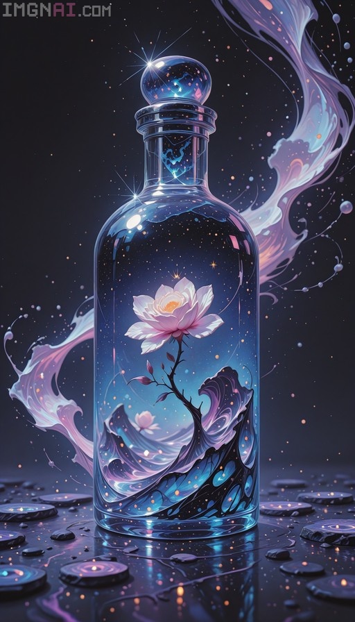 A tall clear glass bottle filled with a miniature scene of a blooming flower rising from blue waves under a starry night sky, surrounded by swirling purple and pink mist and floating lights.