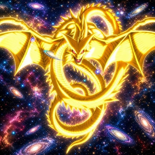 A golden dragon with red eyes and large wings flying through a colorful galaxy filled with stars and nebulae.