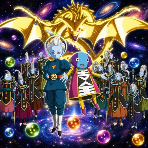 Whis and Zeno stand with a group of blue-skinned Angels before the giant golden Super Shenron in a starry galaxy filled with floating Dragon Balls.