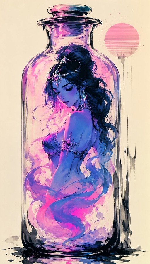 A purple-skinned female genie with dark hair and ornate jewelry sits inside a large glass bottle, her lower body dissolving into swirling pink and blue smoke against a background with a pink sun.