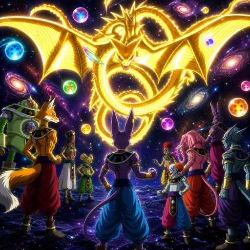 A group of colorful anthropomorphic characters stands in a starry cosmos looking up at a massive golden winged dragon and floating energy spheres.