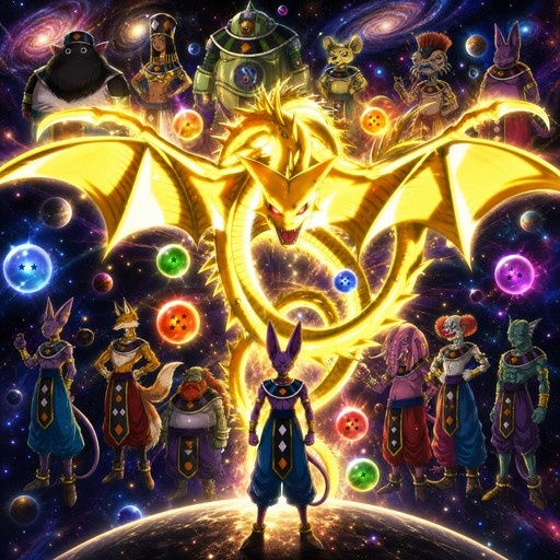 Group of furry anthropomorphic characters resembling Dragon Ball Gods of Destruction standing before a giant golden dragon in space with floating Dragon Balls.