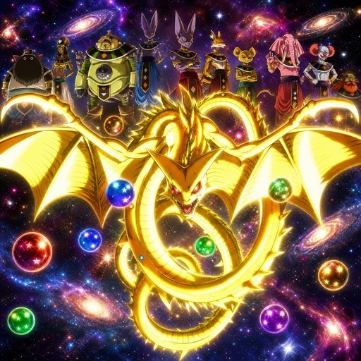 A large golden winged dragon with red eyes floats in a starry galaxy surrounded by colorful spheres, while several characters in Egyptian-style robes stand behind it.