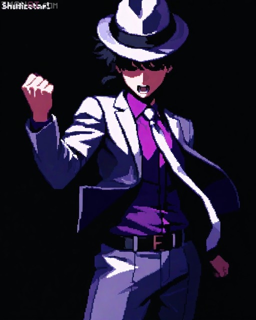 A pixel art illustration of a male pop star in a white tuxedo and fedora raising his fist while singing with an open mouth.