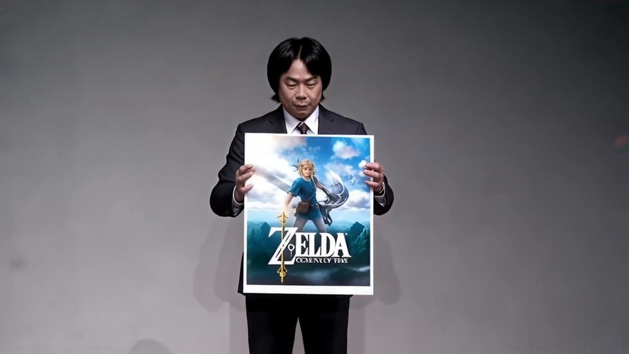 Shigeru Miyamoto holding a poster for The Legend of Zelda: Ocarina of Time against a grey background.
